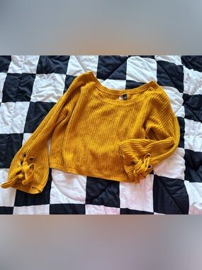 Love By Design Mustard Lace-Up Sleeve Crewneck Sweater